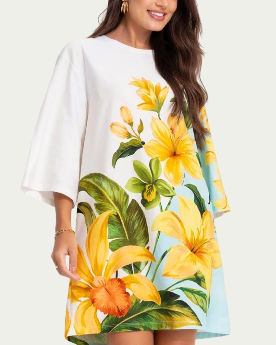 Vestido Tshirt Curto Floral Farm Samanta Branco em Algodão com Manga Curta